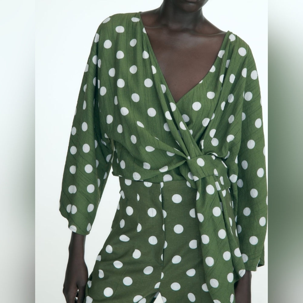 New Zara Green Polka-dot Wrap Top, NWT,